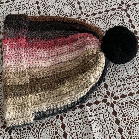 Hand Crocheted Ladies Hat Cap Beanie Black Brown Pink One Size Warm Winter Wear - Picture 4 of 4